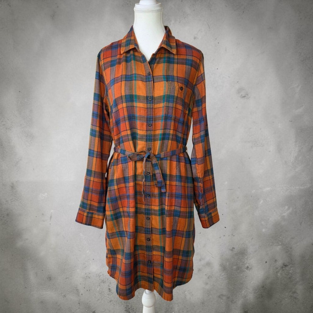 Toad&Co Reform Flannel Shirtdress Orange Blue Plaid Belted Womens M